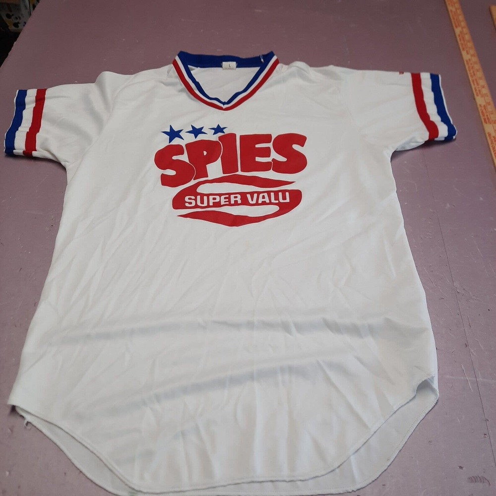 VINTAGE‎ Wilson Shirt Adult Large White Spies Super Value V Neck Stripe Sleeve